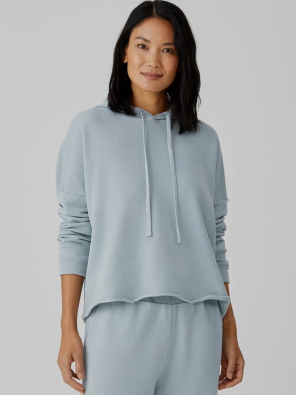 Eileen Fisher Cropped Cotton Hooded Sweatshirt in Light Blue